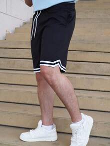LEOGASHI Men's Street Academy Style Black And White Casual Shorts,Summer Loose-Fitting Gym Sporty Wear,High Street Color-Blocking Drawstring Design - Black - View 6
