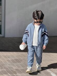Bộ áo khoác sweatshirt cổ đứng vạt mở và quần dài trẻ em cho bé trai, phong cách thể thao thường ngày thoải mái, màu xanh phối mảng màu, dáng rộng, 2 món, phù hợp đi chơi, đi học, tụ tập hàng ngày, mùa thu/đông - Màu xanh lam - Xem 1
