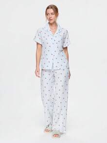 Bonmuse 3pcs Women's Cherry Striped Print Pajama Set With Pockets, Front Button, Ruffle Hem Short Sleeve Top And Shorts & Pants, Summer Sleepwear - Multicolor - View 8