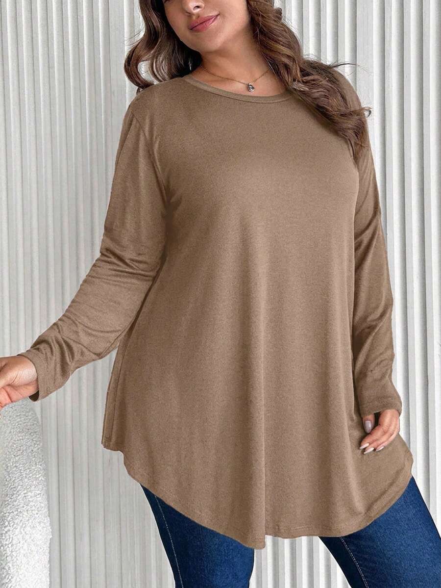 EURMUSE Plus Size Casual Solid Color Curved Hem T-Shirt - Beige - View 1
