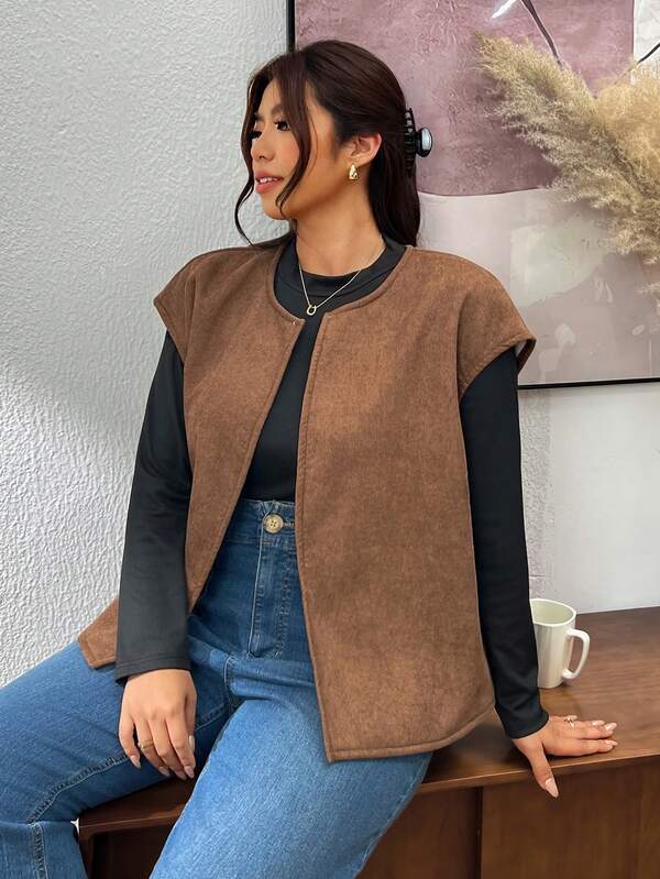 Lounesse Rompi Jaket Wanita Ukuran Besar dengan Gesper Logam, Bahan Suede Bulu, Gaya Tebal, Jaket Kasual untuk Beraktivitas di Luar Ruangan atau Perjalanan Sehari-hari