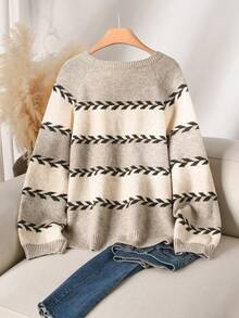CosyJoli Plus Size Women's Striped Crew Neck Raglan Long Sleeve Loose Pullover Sweater - Multicolor - View 2