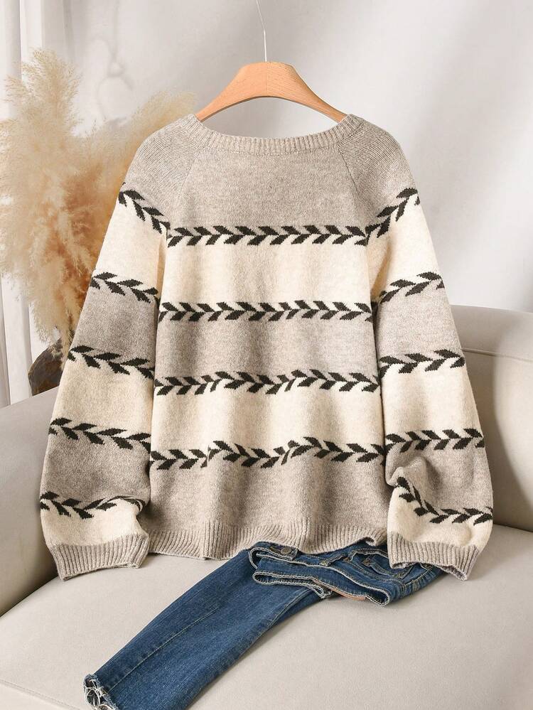 CosyJoli Plus Size Women's Striped Crew Neck Raglan Long Sleeve Loose Pullover Sweater - Multicolor - View 2