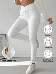SHEIN Tall Women's Asymmetric Waistband Pocket Fitted Casual Denim Jeans Plain White Pants Summer Slim-Fit Clothes Back To School Tall Travel Capris Holiday - White - View 2