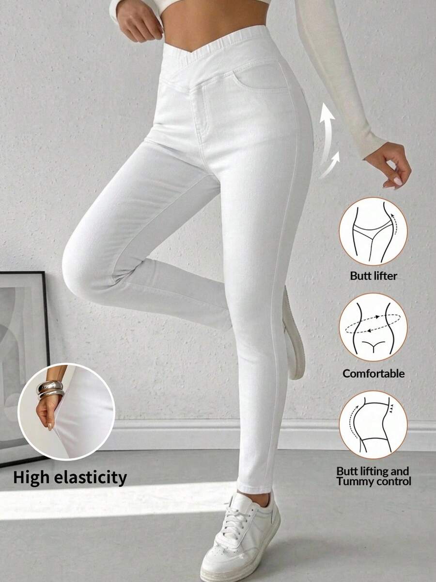 SHEIN Tall Women's Asymmetric Waistband Pocket Fitted Casual Denim Jeans Plain White Pants Summer Slim-Fit Clothes Back To School Tall Travel Capris Holiday