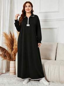 Lacomfia Autumn/Winter Zipper Patchwork Knit Texture Contrast Color Patchwork Turn Collar Loose Fit Versatile Plus Size Women's Sweatshirt Dress - Black and White - View 1