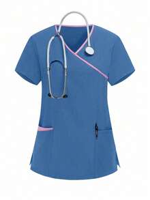 TaskEZ Conjunto de uniforme de enfermería con top de manga corta con cuello en V y pantalones de unicolor con patchwork - Azul - Ver 3