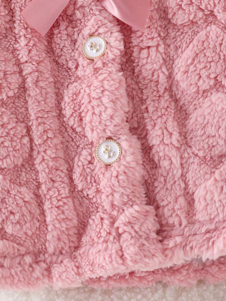 SHEIN 2026 New Baby Girl Fuzzy Cape, Autumn/Winter Cute Comfortable Pink Hooded Bear Ears Pearl Button Bow Decor Sweet Adorable Baby Cape - Pink - View 7