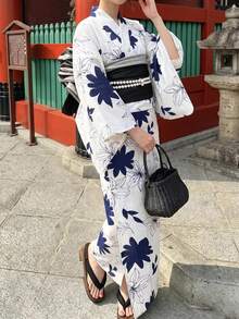 Irokai Floral Pattern Kimono Sleeve Robe And Camisole Dress Yukata Set - Blue and White - View 2