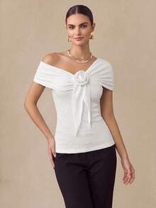 Almamuse Camiseta de mujer con flor 3D de cinta de punto jacquard - Multicolor - Ver 13