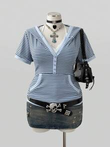 Sunspun Plus Size Women's Striped Short Sleeve Button Design Hooded Sweatshirt - Multicolor - View 6