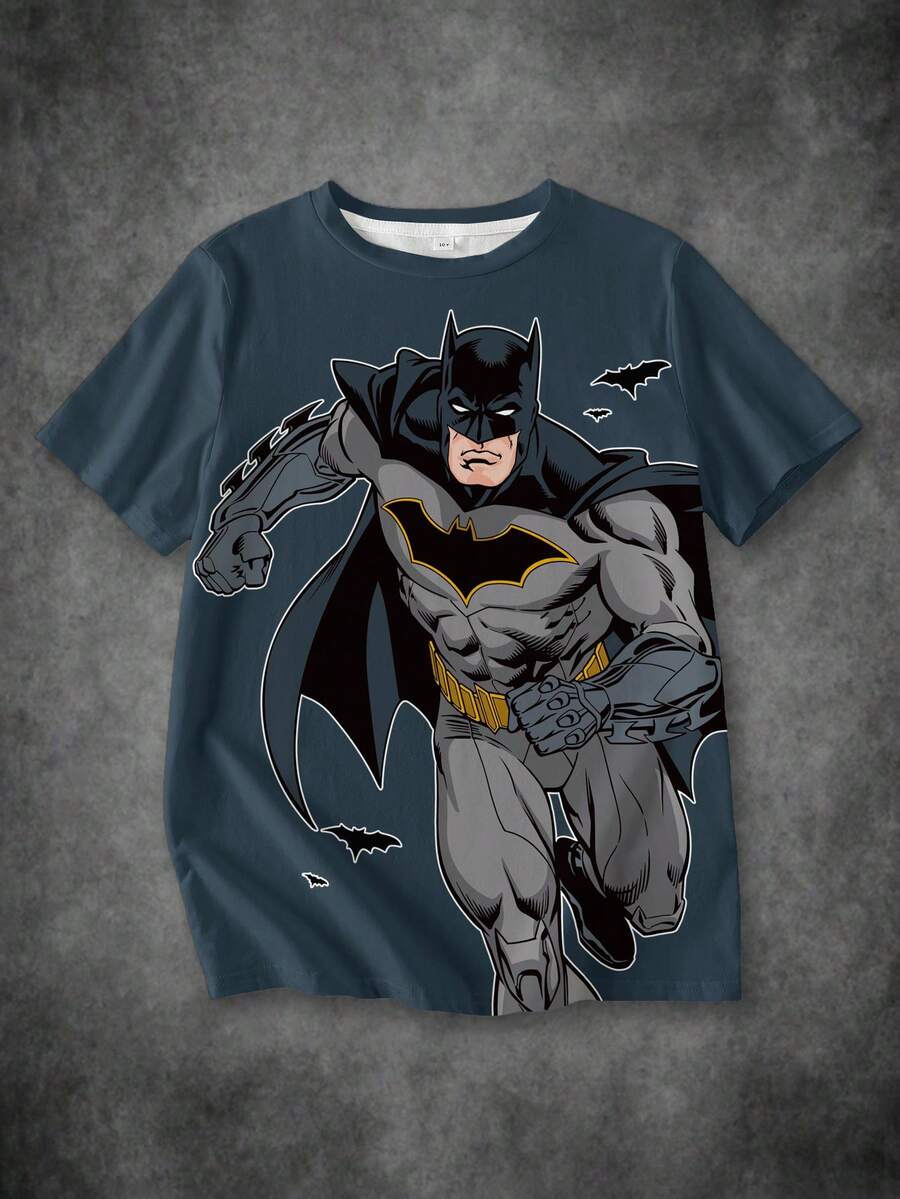 BATMAN X SHEIN Tween Boy Cartoon Pattern Print Cute Crew Neck Short Sleeve T-Shirt - White - View 1