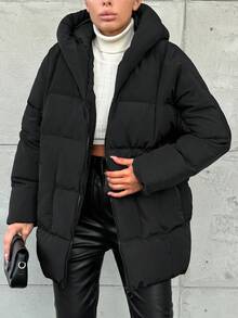 SHEIN Cottnline Abrigo acolchado con capucha de unicolor casual - Negro - Ver 6