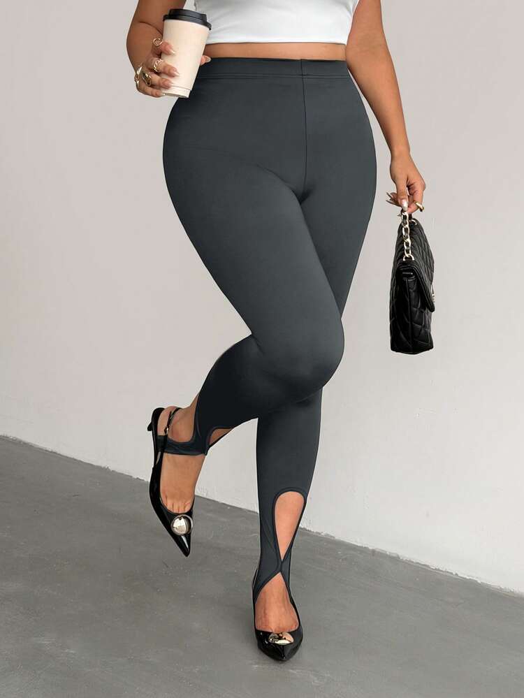Firerie Plus Size Women's Sexy Evening Beach Casual Leggings, Gray Knitted High Waist Slim Fit Cutout Stirrup Tight, Fall - Grey - View 8