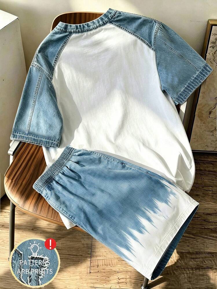 Tween Boys Summer American Casual Style 2-Piece Set, Blue & White Gradient HK Patch Embroidery Crew Neck Short Sleeve T-Shirt,School Clothes - Multicolor - View 2