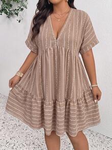 SHEIN Frenchy Women's Plus Size Deep V-Neck Short Sleeve Striped Textured Dress - Multicolor - View 4