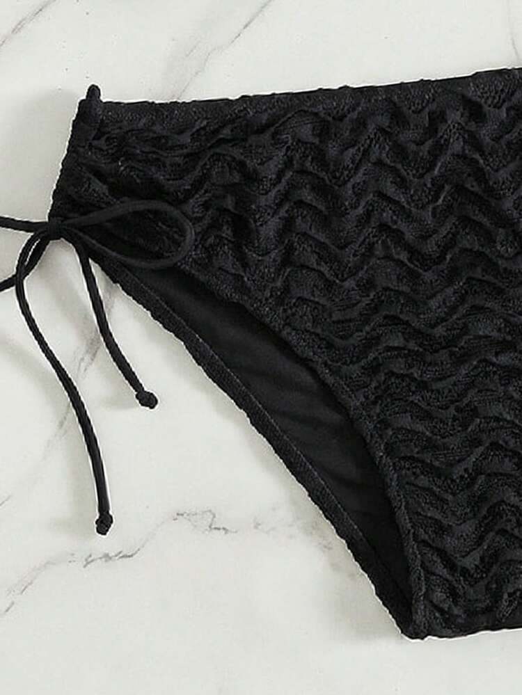 Swim Vcay 2件組 春夏新款純色粗肩帶荷葉邊下擺百褶蕾絲比基尼套裝，三角褲底沙灘短褲女款泳裝沙灘穿搭 - 黑色 - 查看 6