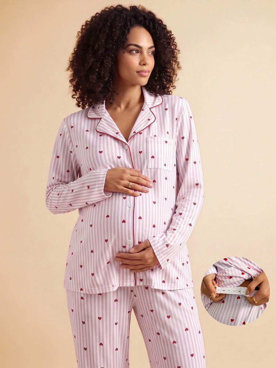 SHEIN 2pcs Striped Heart Print Lapel Long Sleeve Top And Pants Maternity Pajama Set, Winter - Multicolor - View 1