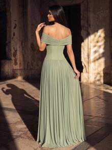 Aureia Elegant Luxurious Beaded Rhinestone Off-Shoulder Elastic Knit Mesh Ruched Full Skirt Evening Dress Suitable For Wedding Events, Bachelorette Party, Vacation, Gathering, Festival, Music Festival, Dinner Party (Heavy Workmanship Style) - Green - View 3