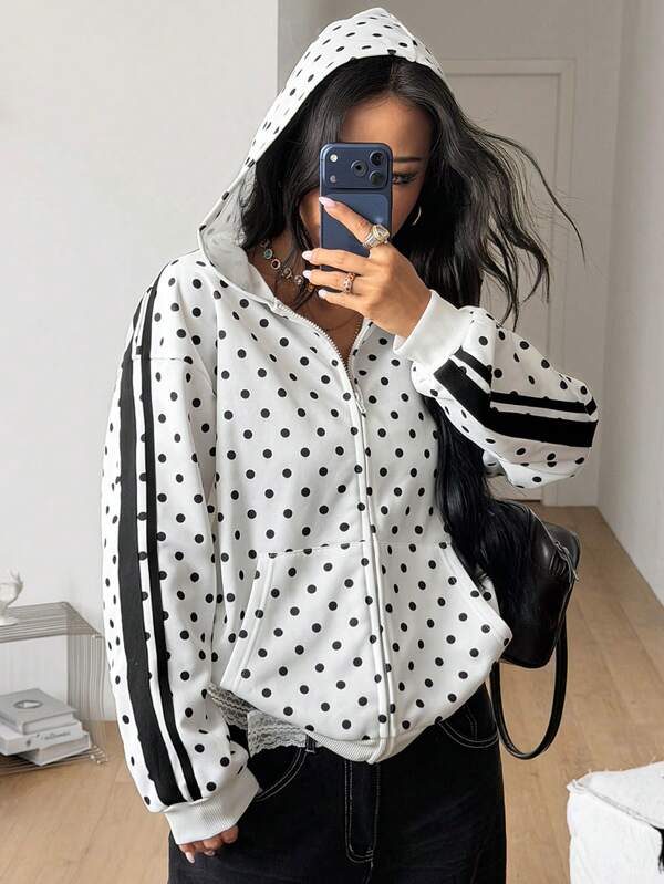 Coolane Women's Fall/Winter Streetwear Casual Party Going Out Preppy Sportswear Y2k Preppy Polka Dot Zip Up White Oversized Long Sleeve Sweatshirt Hoodies