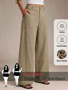 SHEIN Tall CURVE 大尺碼女款高個子卡其色寬腿褲，夏季休閒度假高腰鬆身長褲，附口袋，優雅老錢風 - 杏色 - 查看 6