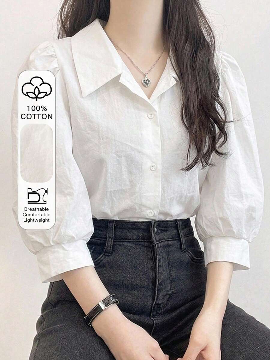 DAZY 女款寬鬆條紋襯衫,翻領設計,短燈籠袖,適合春夏秋季 - 白色 - 查看 1