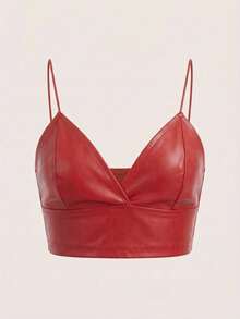 SHEIN ICON PU Leather Crop Cami Top - Red - View 3