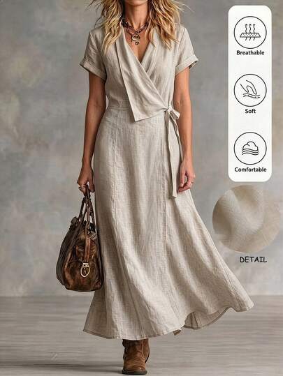 Zayélia Women's Solid Color Short Sleeve V-Neck Wrap Tie Faux Linen Maxi Dress, Draped A-Line Full Skirt Cotton Linen Fabric, Bohemian Casual Vacation Loose Tea Dress, Summer Outing Daily Wear