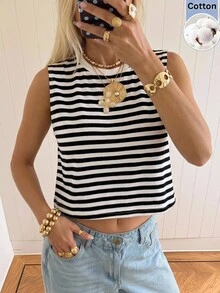 SHEIN EZwear 黑白格紋拼色短版圓領針織背心 度假夏季休閒海濱風 - 黑與白 - 查看 3