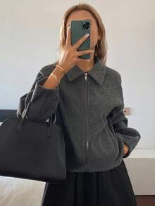 DAZY Women's Solid Color Loose Fit Lapel Zip-Up Long Sleeve Casual Streetwear Spring Autumn Wool Jacket - Grey - View 4