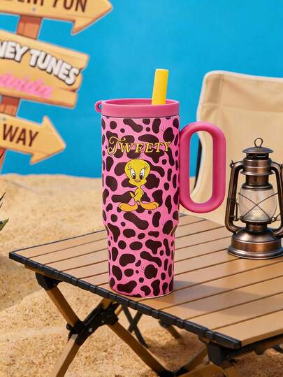 LOONEY TUNES X POKOJA LAND 24oz Leakproof Insulated Tumbler, Stainless Steel, With Handle & Straw – Keeps Drinks Hot Or Cold. Pink Leopard & Duck Print, Great For Home, Patio, Or Camping, A Cute Gift For Valentine's Day Or Birthday