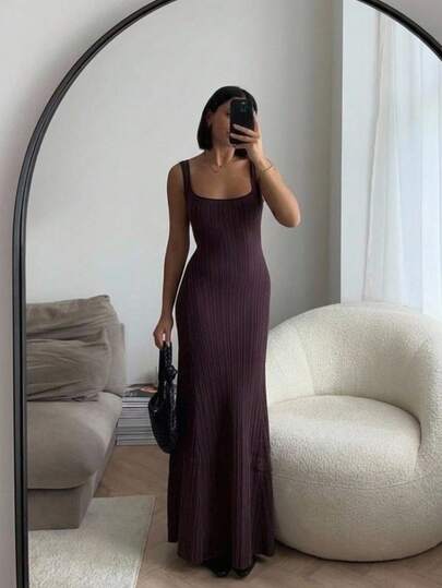 Aloruh Rochie tricotată mulată pentru femei, Ancola, toamnă/iarnă, bordeașă, cu bretele subțiri, model rib, rochie pulover pentru straturi interioare, stil bodycon A-line, elegantă, versatilă, casual, cu decolteu pătrat