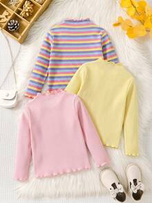 SHEIN 少女款 3件組休閒簡約舒適高領長袖T恤套裝 - 彩色 - 查看 2