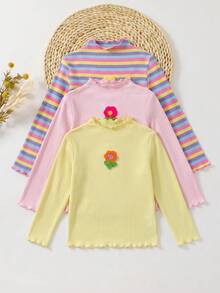 SHEIN 少女款 3件組休閒簡約舒適高領長袖T恤套裝 - 彩色 - 查看 7
