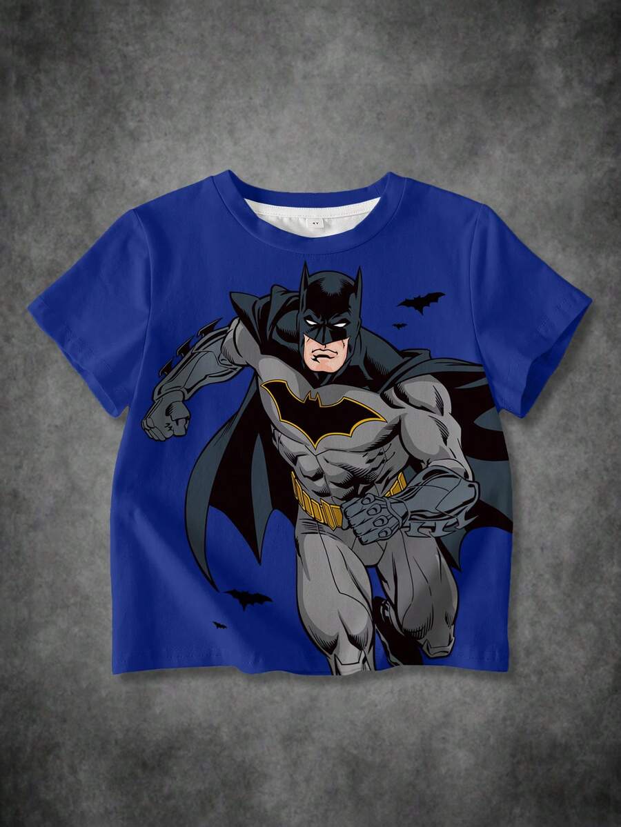 BATMAN X SHEIN 青少年男孩卡通印花圆领短袖休闲T恤 - 白色 - 查看 1