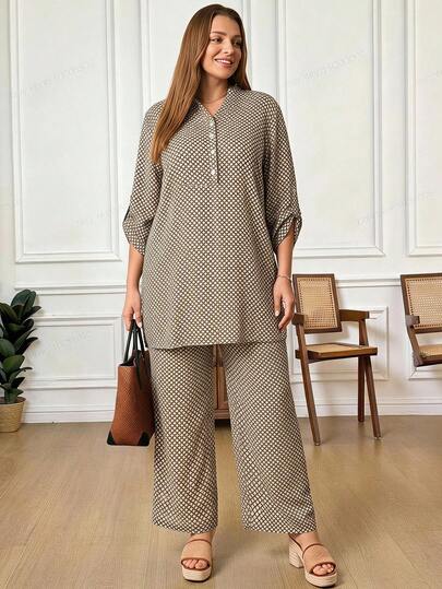 Rosumi Women's Plus Size Long Geometric Print Rolled Sleeve Shirt And Pants Set Fall Autumn Outfit For Women  Going Out Outfits