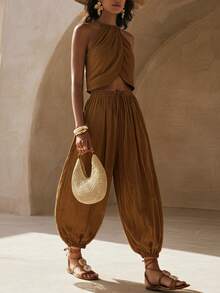 Zivah Summer Music Festival, Easter, Mother's Day, Western Sexy Style, Boho, Birthday Party Golf Modern Commute Vacation Halter Top Tapered Pants Set Pastal - Brown - View 3