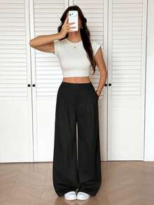 SHEIN Tall 女款休閒時尚黑色寬腿商務通勤長褲 - 黑色 - 查看 7