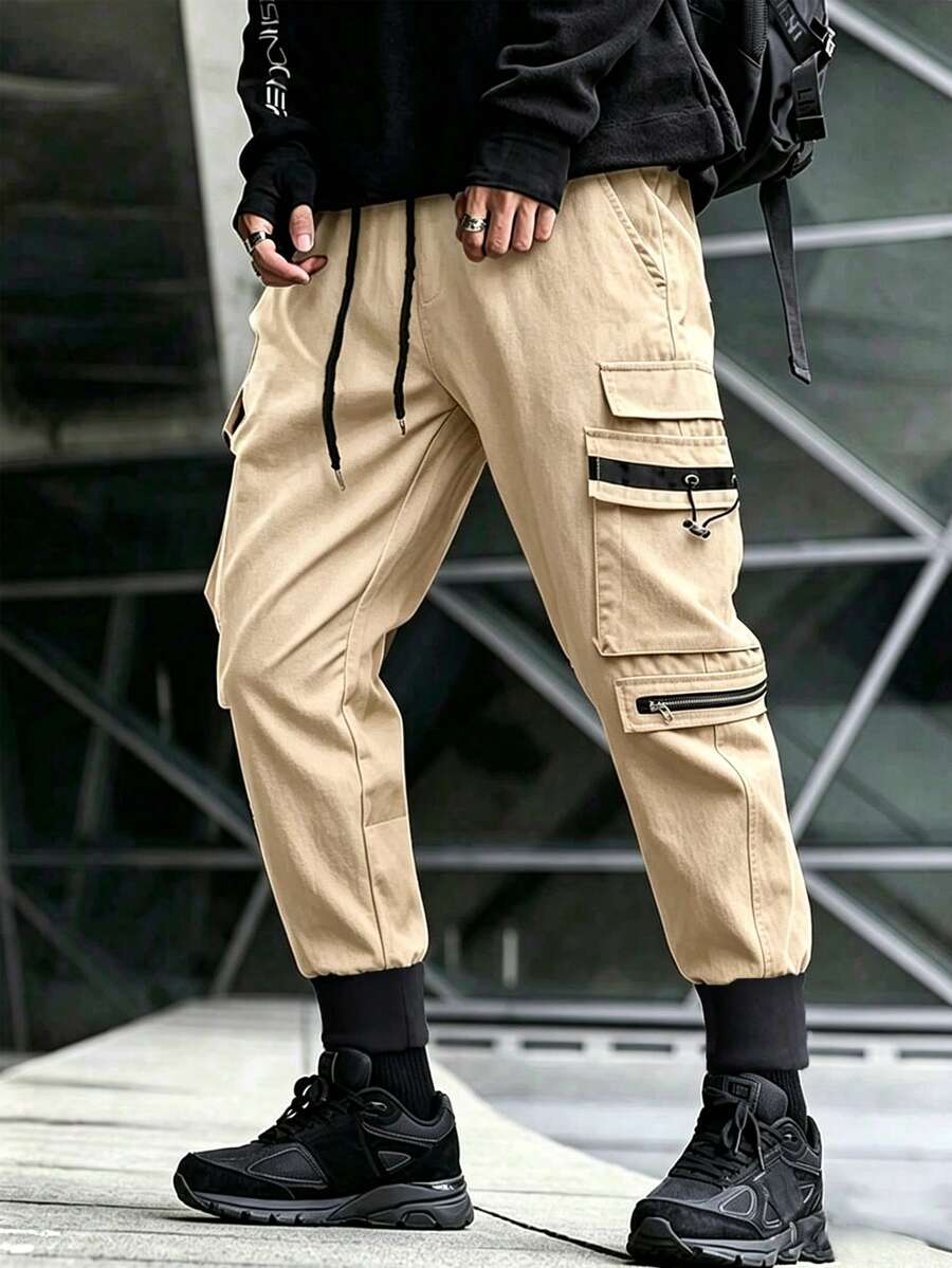 Manfinity Roghcode Men's Casual Drawstring Waist Versatile Daily Wear Cargo Pants - Khaki - View 1