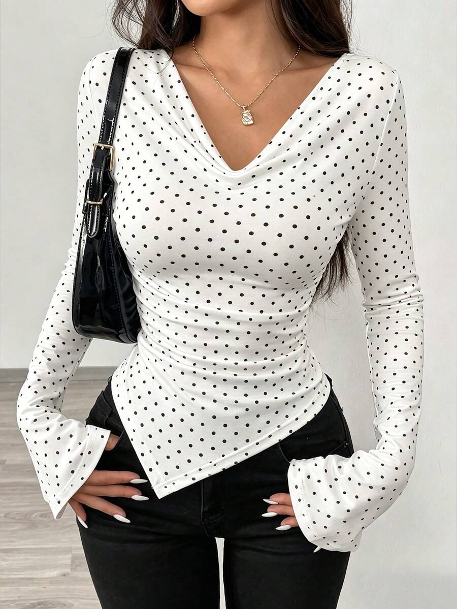 SHEIN Polka Dot Print Cowl Neck Cinched Waist Asymmetrical Hem Long Sleeve T-Shirt - White - View 1