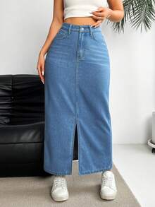 EMERY ROSE Women's Pocket Design Slit Hem Long Straight Casual Denim Maxi Skirt - Medium Wash - View 4