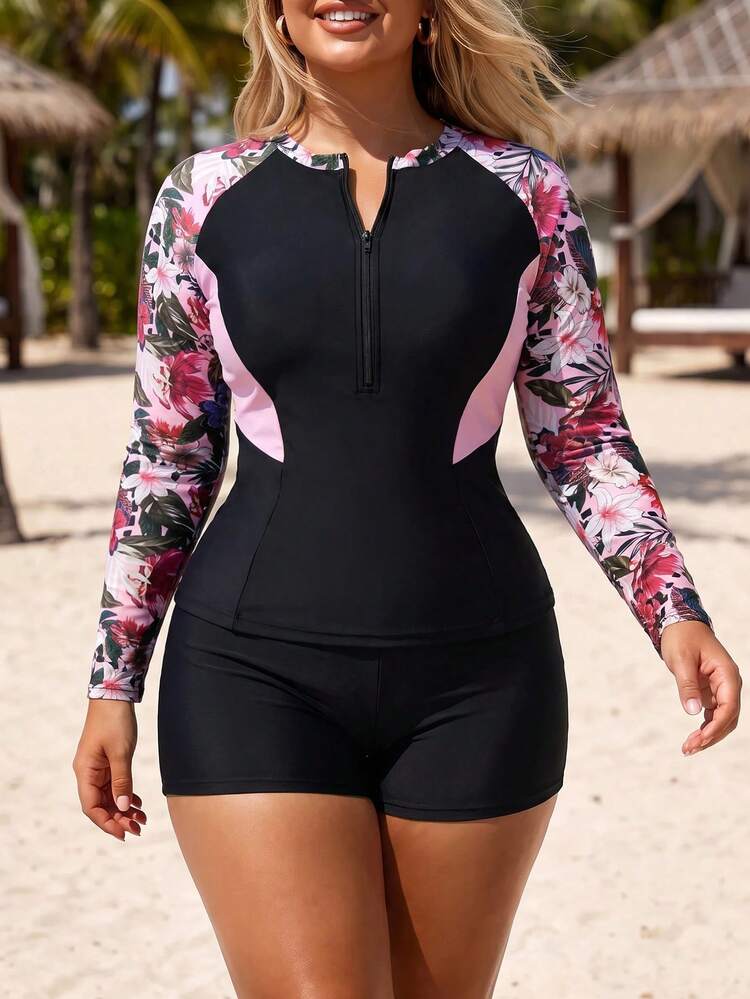 Swim SPRTY Plus Size Women 2pcs Floral Print Long Sleeve Tummy Control Tankini Swimwear Beach Party Black Summer Tropical Filipiniana Pink Streetwear - Multicolor - View 6
