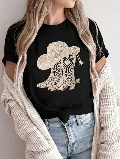 Nueva camiseta casual de manga corta y cuello redondo para mujeres, con diseño de estampado moderno, tejido suave y cómodo, y excelente caída.