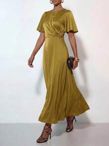 Zivah Women's Elegant Solid Color Waist-Cinching Long Dress - Mustard Yellow - View 3