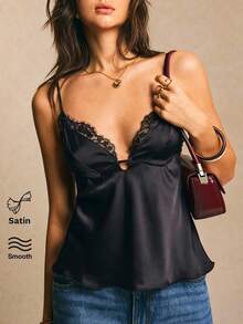 Poéselle Women's Solid Color Contrast Lace Sexy Camisole - Black - View 2