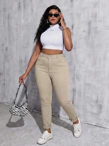 SHEIN Tall CURVE 大尺碼純色極簡百搭鈕扣口袋牛仔褲 - 卡其色 - 查看 4