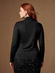 MOTF PREMIUM PLUS SIZE WOMEN'S ELASTIC KNIT HIGH NECK RHINESTONE T-SHIRT - Black - View 6