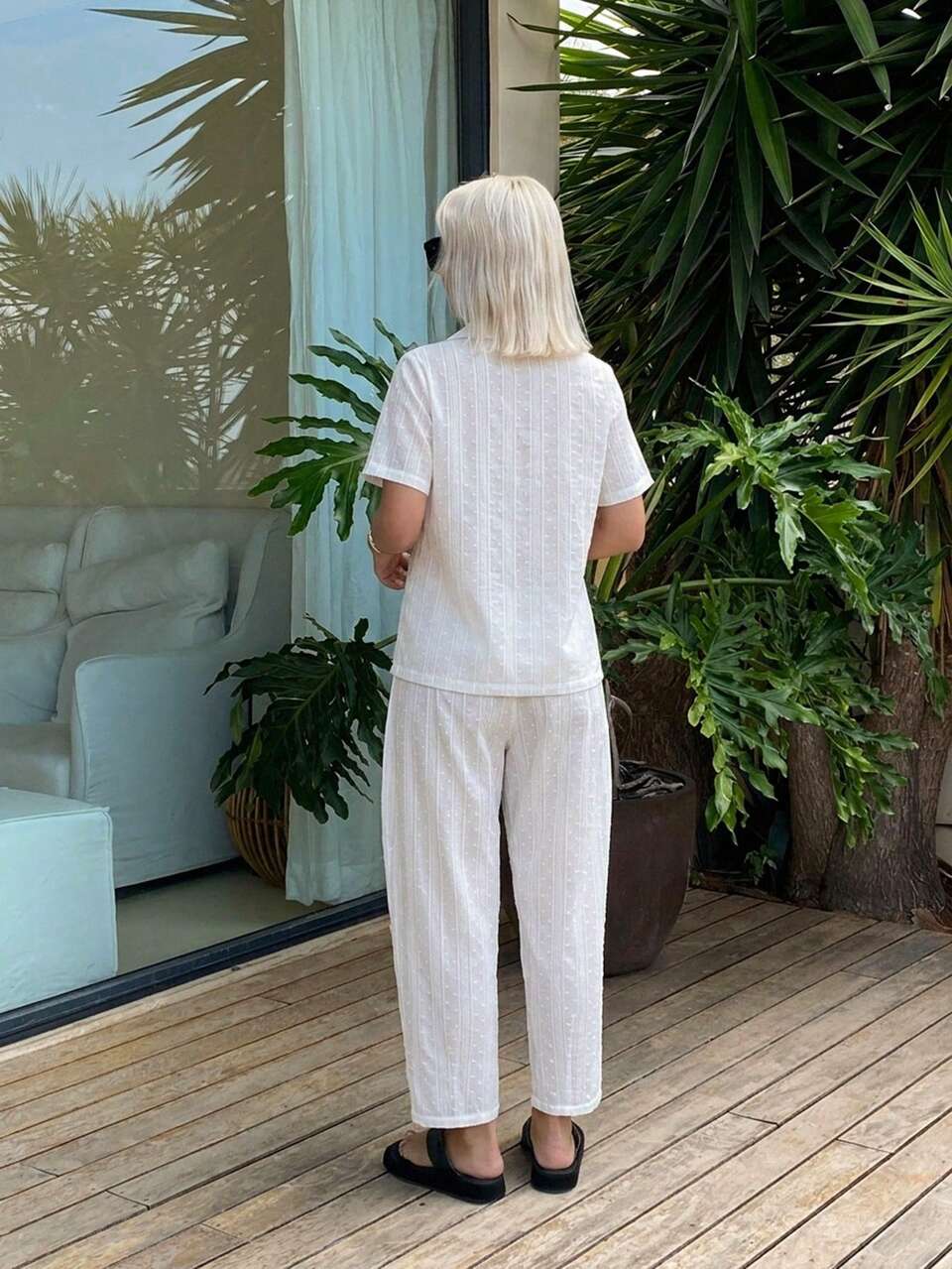 2pcs/Set Women's Loose Cardigan Short Sleeve Top & Lantern Pants Pajama Set, Summer Outfit