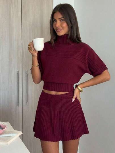 Aloruh Women's Early Autumn Knit 2-Piece Set, Sexy Casual High Neck Loose Top + Tight Bottom Sweater, Burgundy Pleated Skirt, Elegant Basic Brunch Office