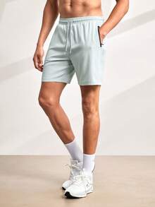 Driftmere Men's Letter Print Zipper Pocket Elastic Waist Sports Shorts, Boyfriend Style - Light Grey - View 1